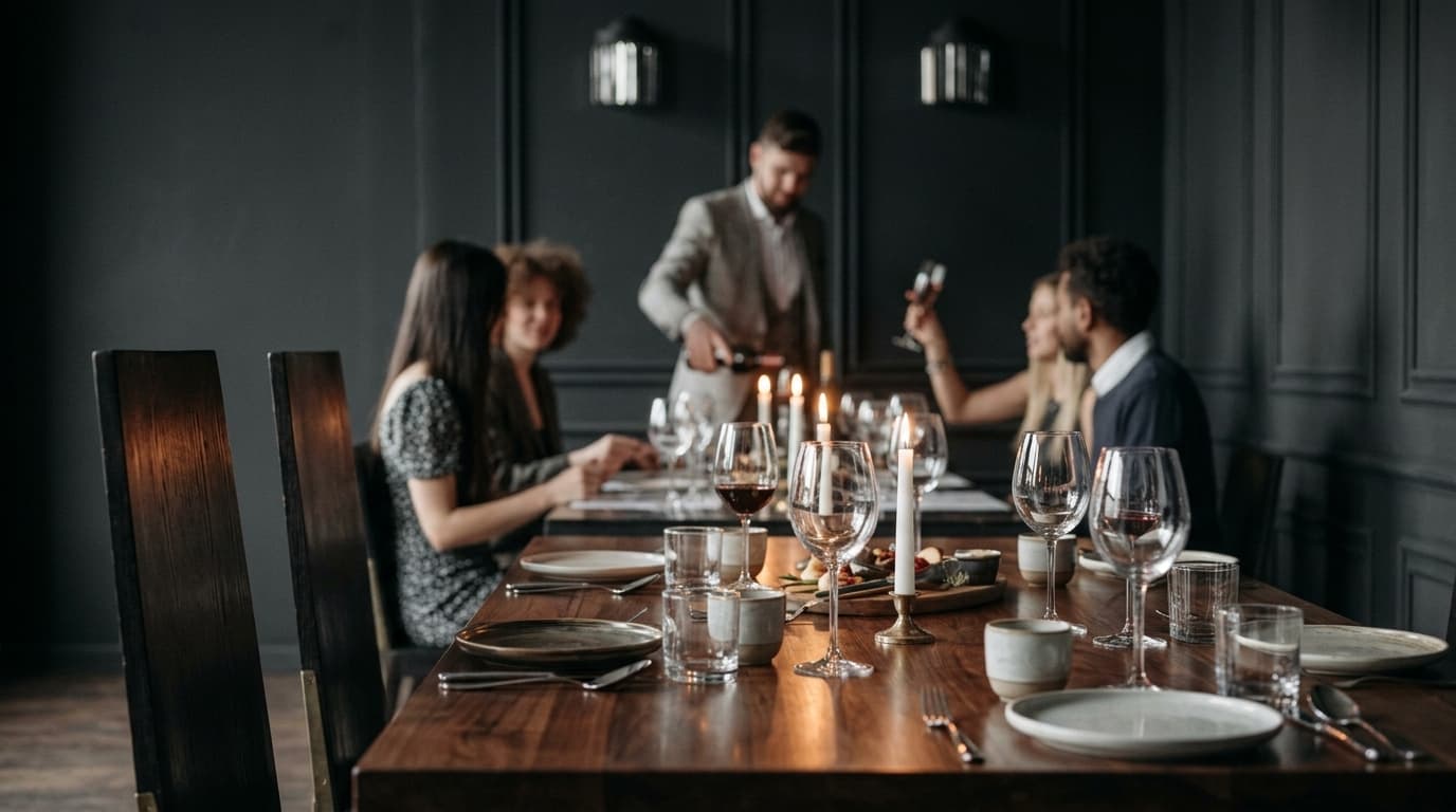 A warm, dimly lit restaurant full of friends over a long dinner