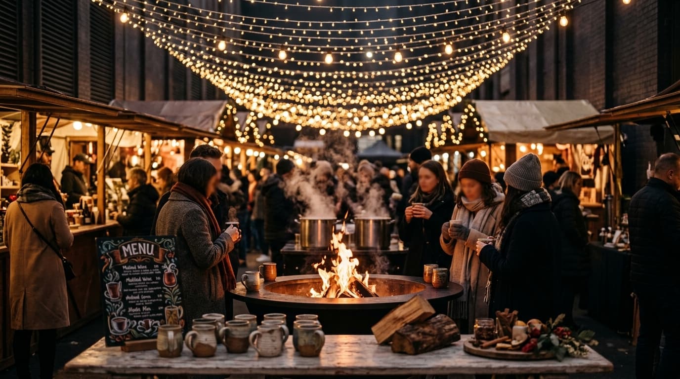 Friends gathered around food on a cold night at a Melbourne market