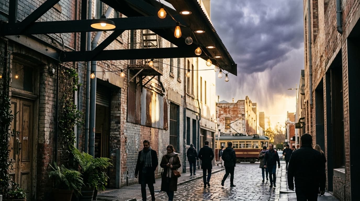 A lone figure on a Melbourne street under changeable evening light