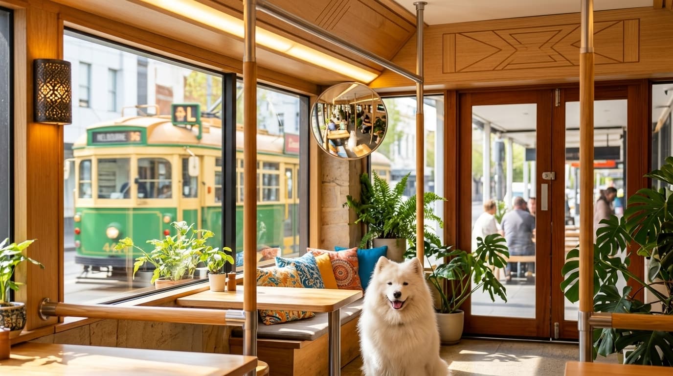 A cosy, sunlit restaurant with warm timber tables and chairs