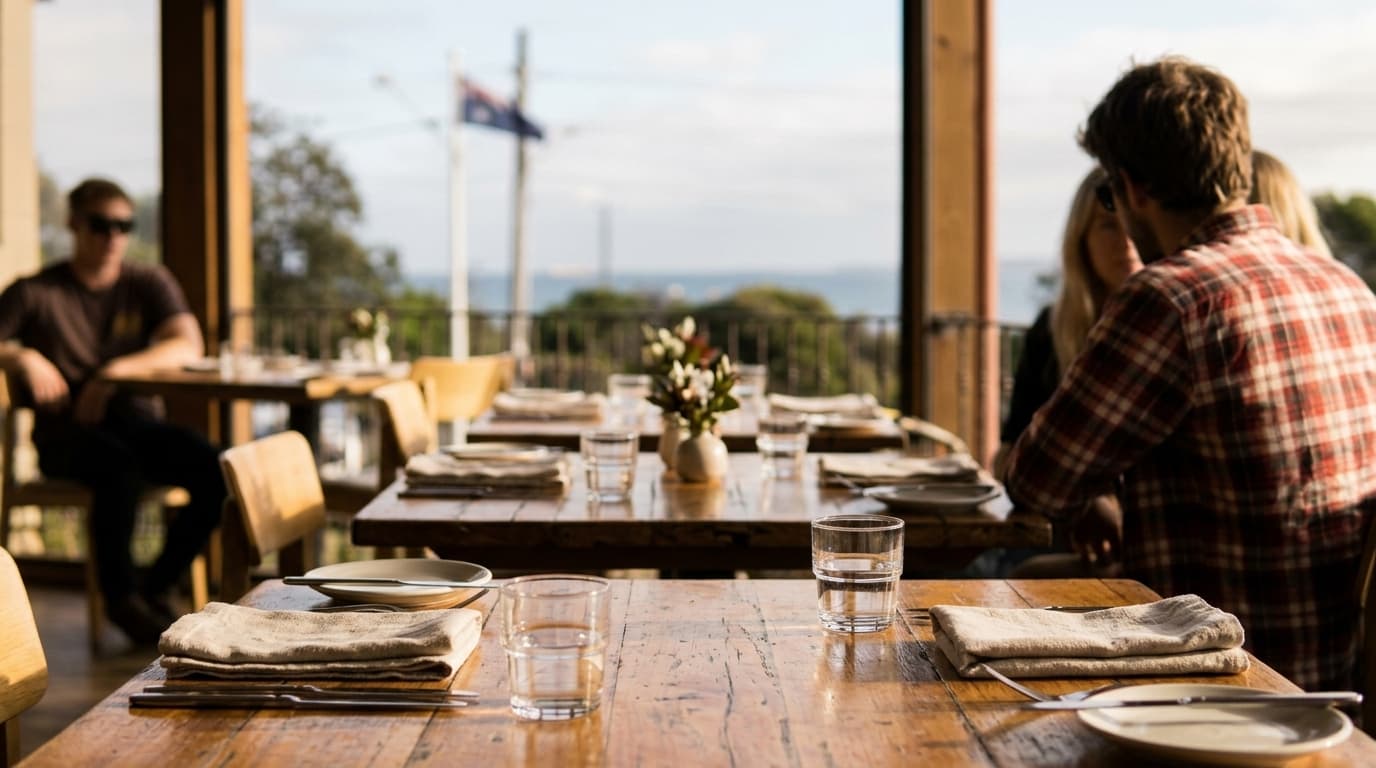 A warm, dimly lit Melbourne restaurant full of people over dinner