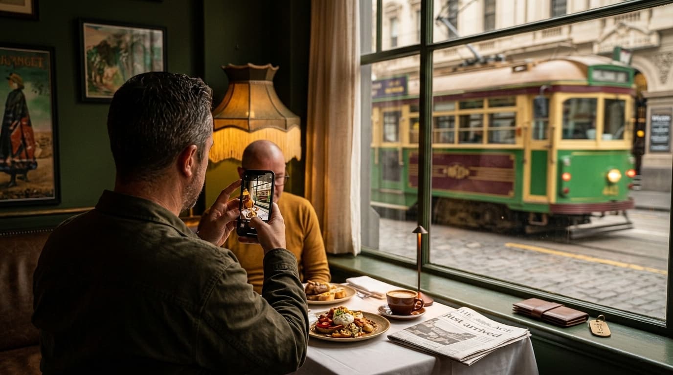 A warm, dimly lit vintage Melbourne cafe interior