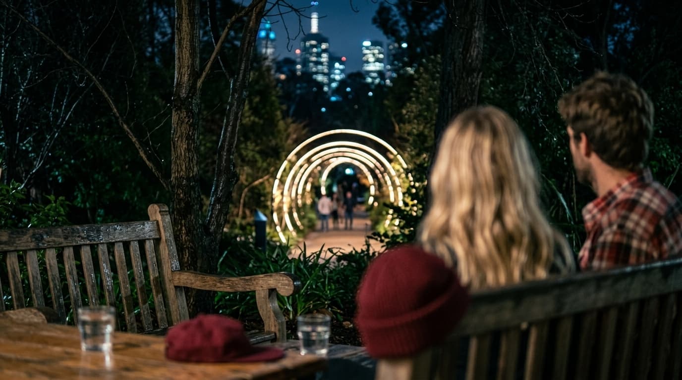 A figure walking a Melbourne path under low evening light