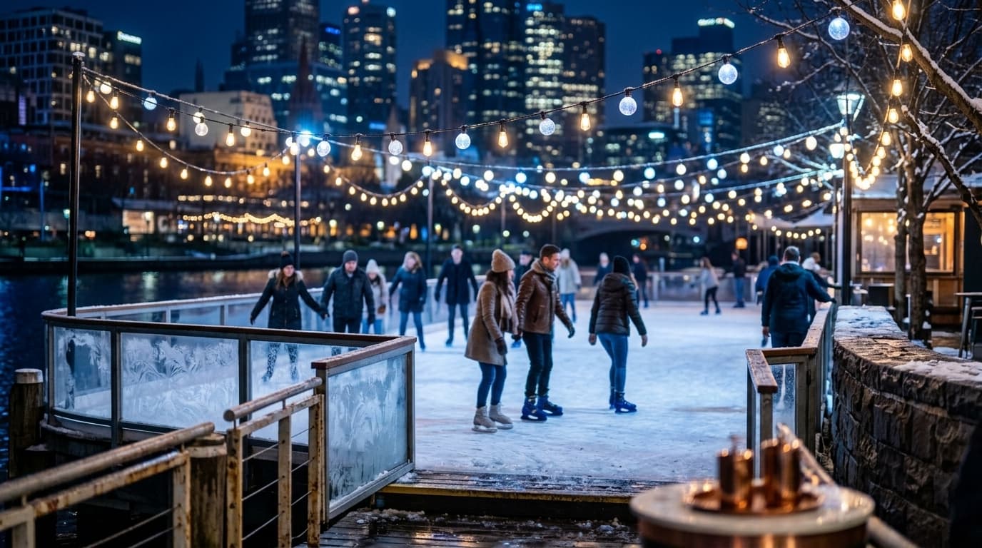 A group of friends laughing together on a winter night out