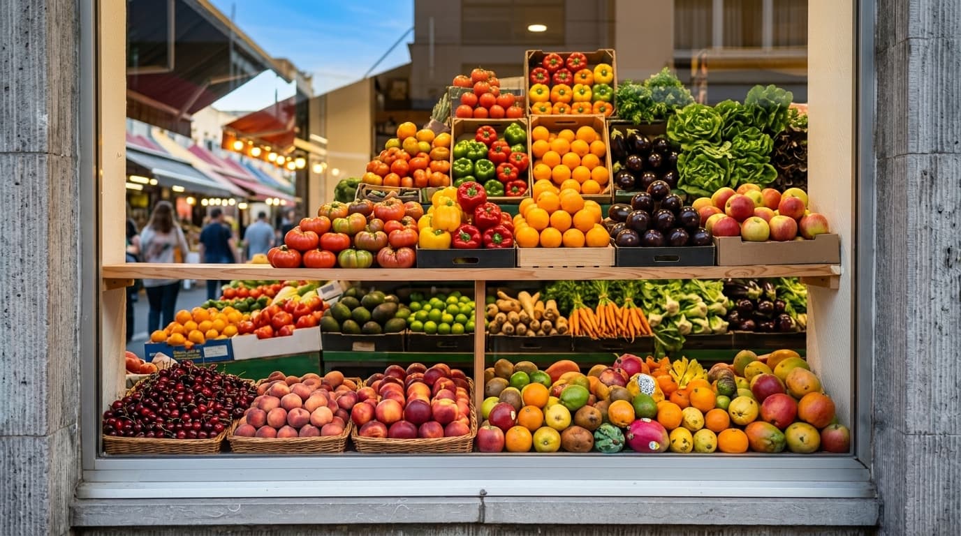 A vibrant market stall of fresh vegetables in rich colour