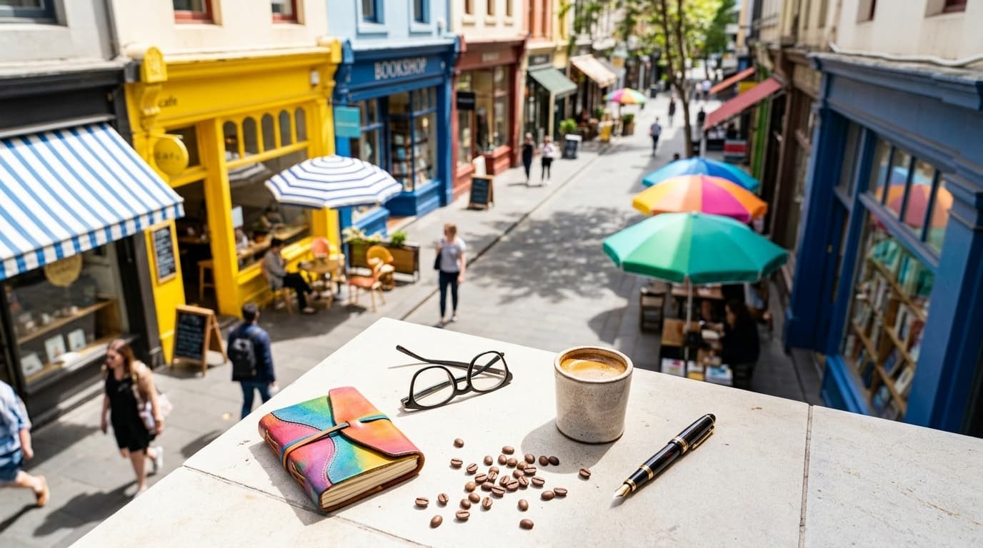A bustling city street of people and historic buildings in bright daylight